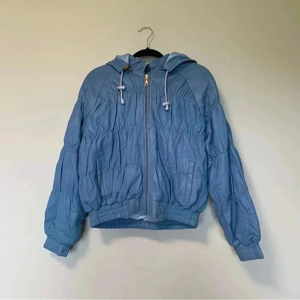 Vintage Y2K blue leather hooded  jacket